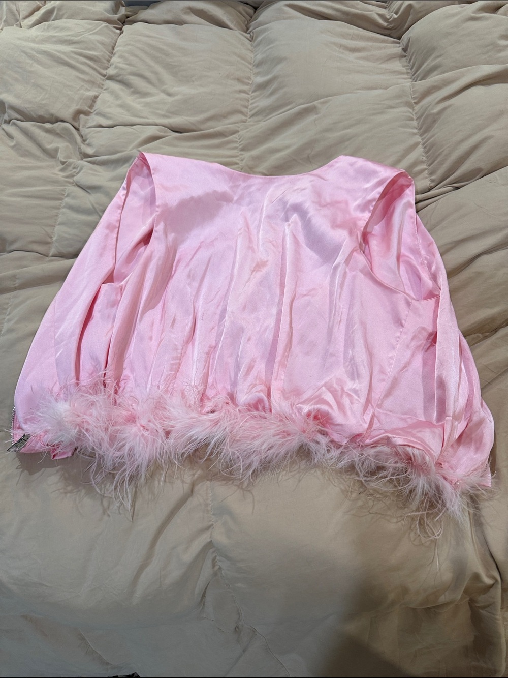 Feminine Pink Feather-Trim Satin Blouse